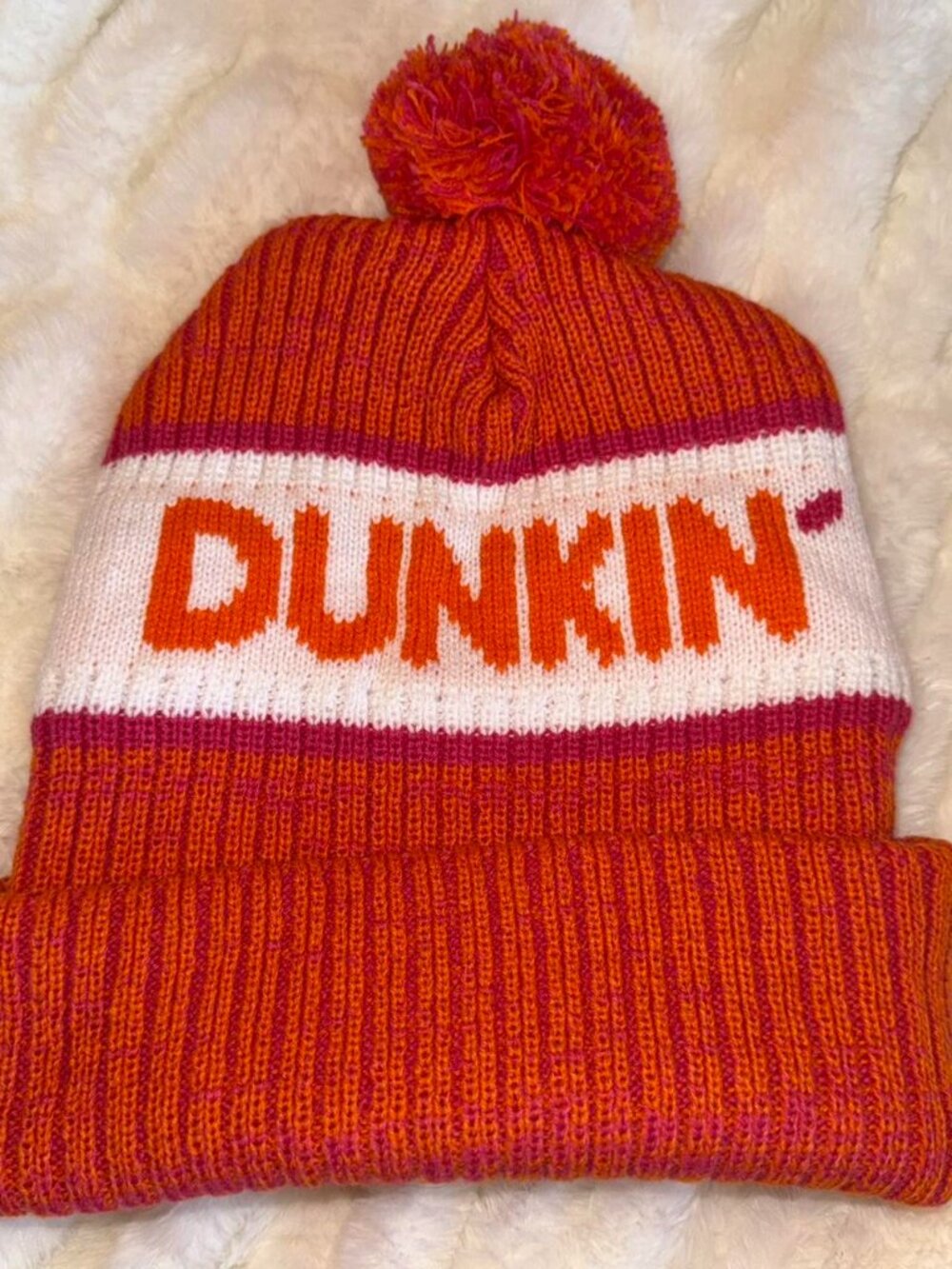 Dunkin Donuts orange and white beanie